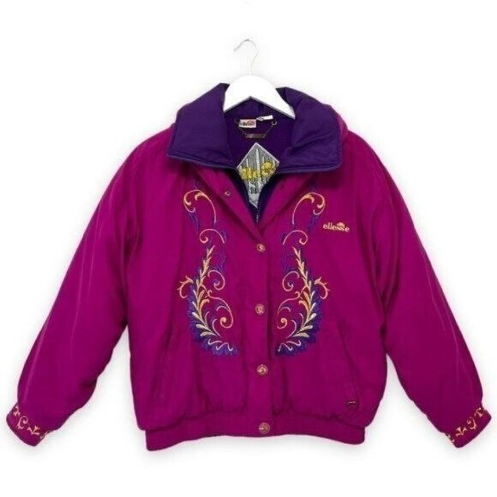 Ellesse Ski Jacket Vintage Pink and Purple Embroidery Details Womens Size L